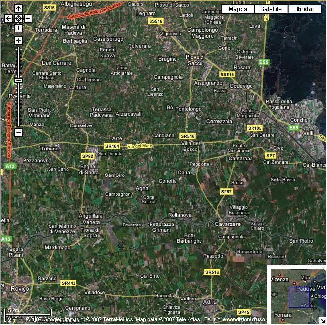 immagine satellitare della zona tra Padova e Adria